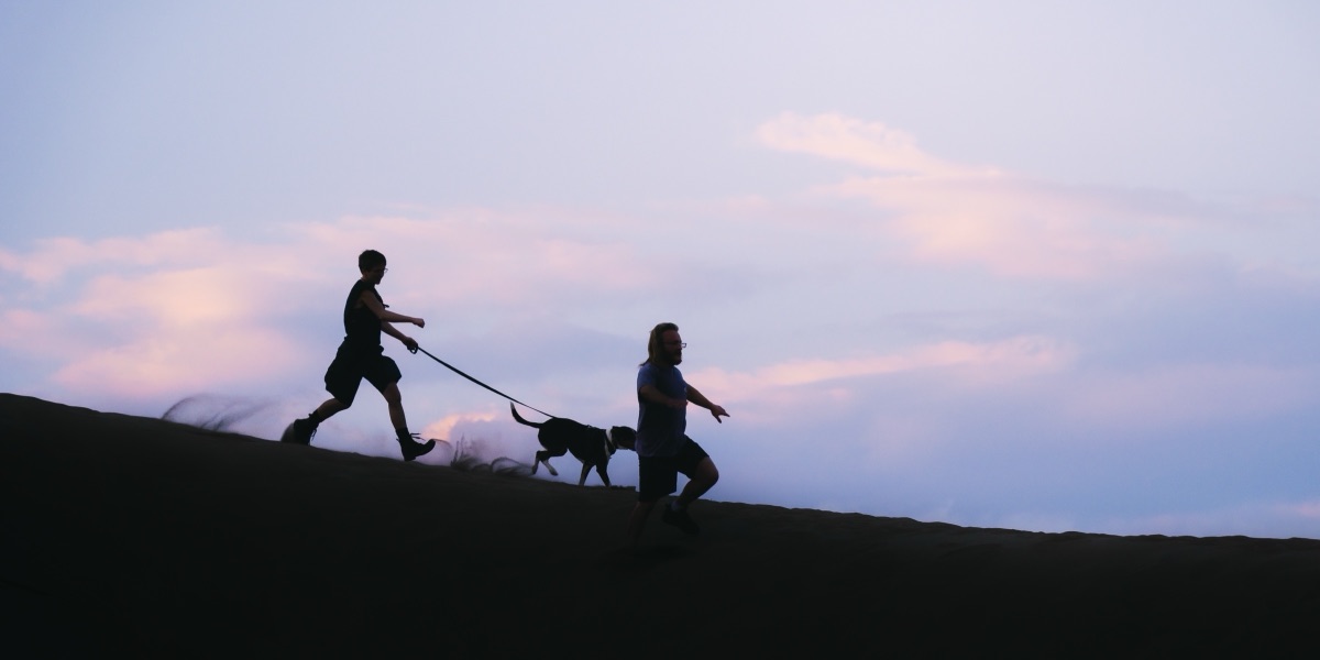 Two hikers and a dog cresting a dune ridge against a lilac twilight sky