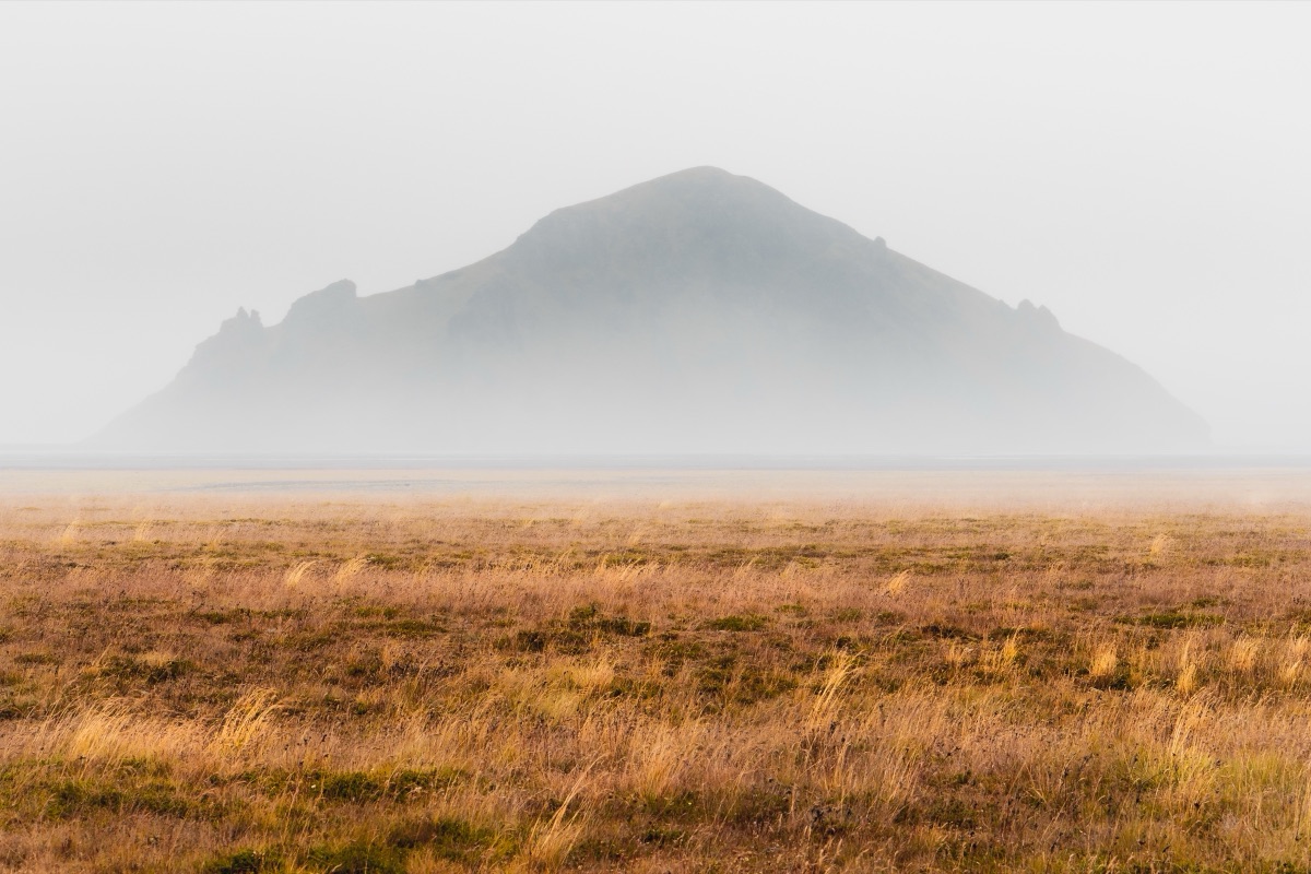 A lone hill rising out of sea fog above a plain of golden grass, Iceland